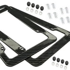Black Carbon Fiber Pattern Plastic License Plate Frame Fiber Black Aluminum Metal Car Tag Holder Tire Screw Cap Universal Amagi