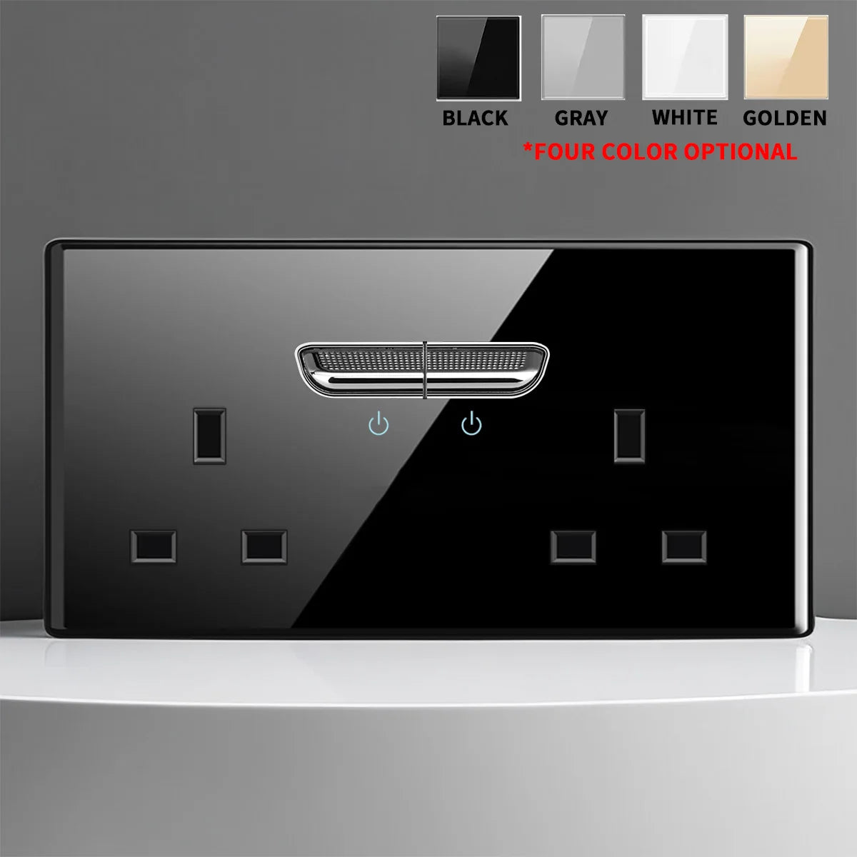 European British French Standard Tempered Glass Switch Socket with Indicator Light , Self-Reset 1 2 3 4 Gang Wall Panel Outlets