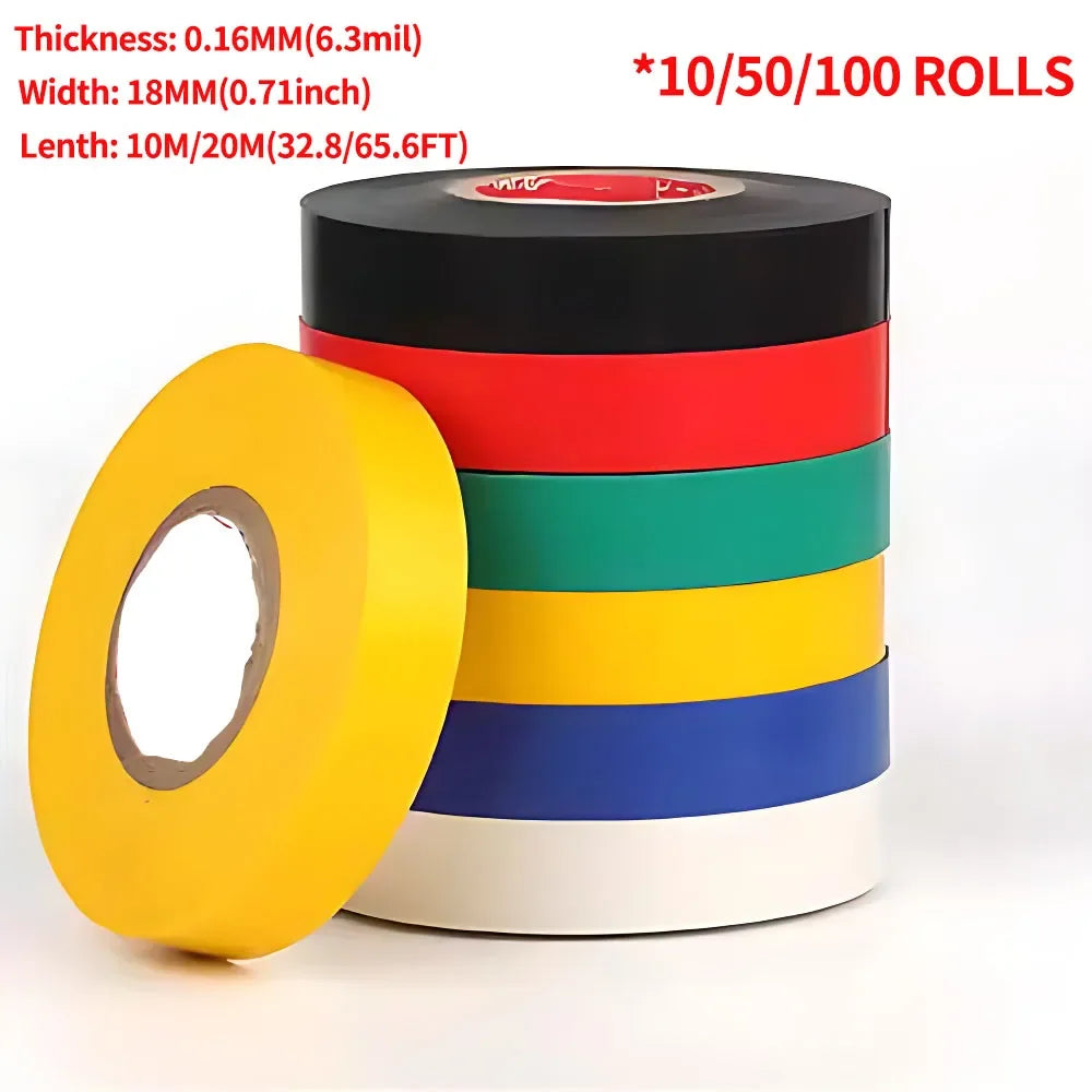 10/50/100 Rolls Electrical PVC Insulation Tape, Black Wire Wrapping Tape 10M/20M Length, 0.71 Inch Wide for Electrical Repair