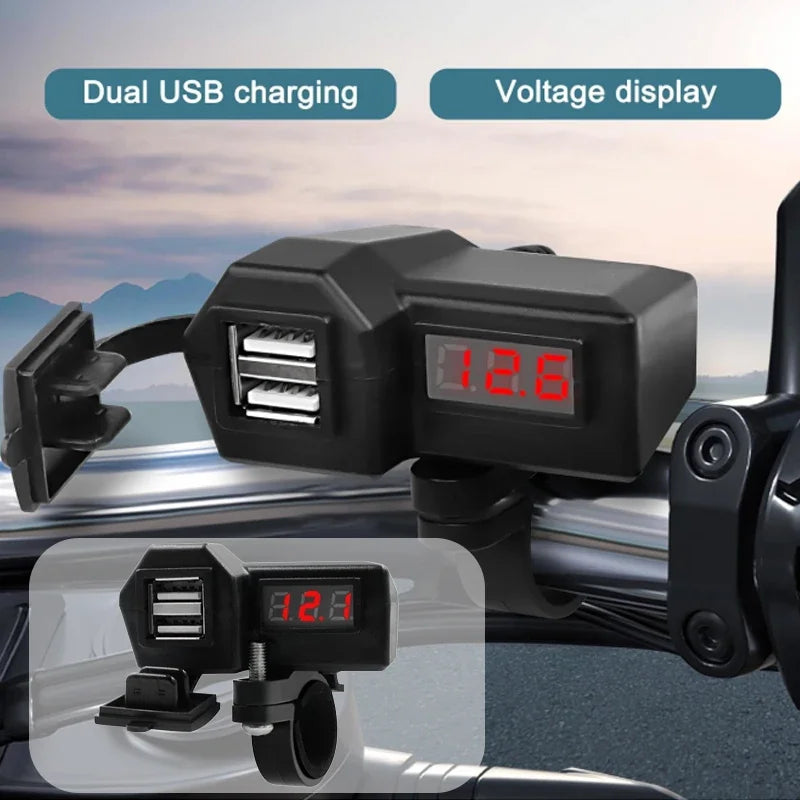 Waterproof Motorcycle USB Charger 2-Port + Voltage Display - Quick Charge 3.0 for Harley Cruisers Motorbike Accessories Amagi