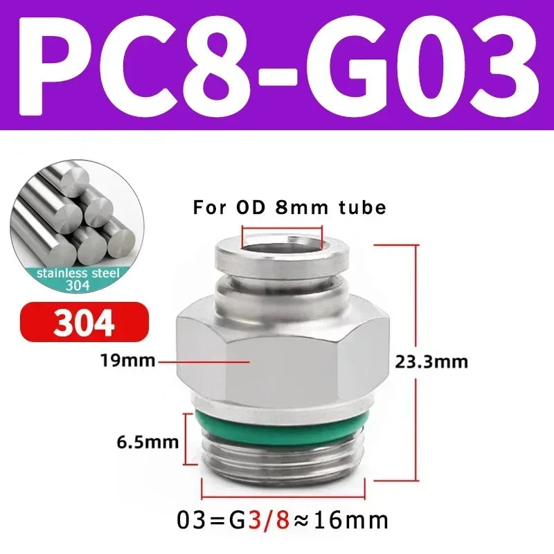Stainless Steel PC-G Pneumatic Push-In Fitting, Straight Male G Thread Air Tube Connector for Air Compressor & Pneumatic Systems