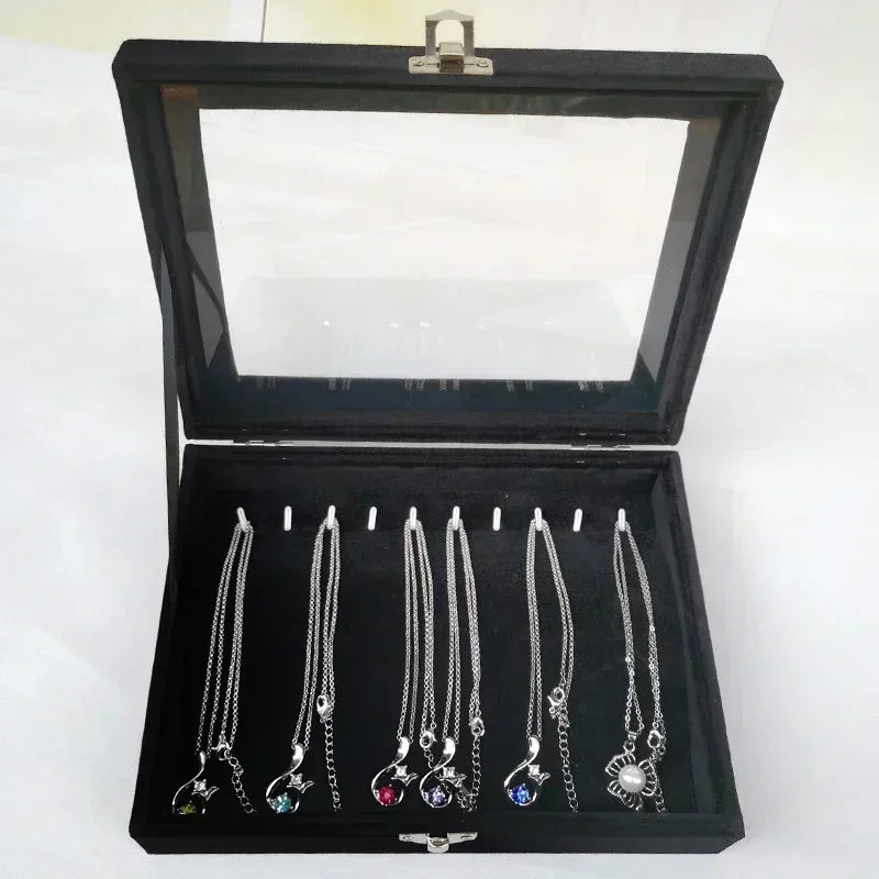Black Jewelry Box Display Case for Rings Bracelets Earrings Necklaces with Lid Dustproof Glass Grid Storage Organizer Amagi