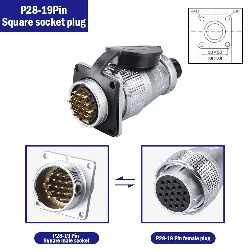 P28 Aviation Connector, Square Flange Socket, Male/Female Circular Butt Joint, 2/3/4/5/7/10/12/14/16/19/20/24 Pin, P28K2Q PLS28