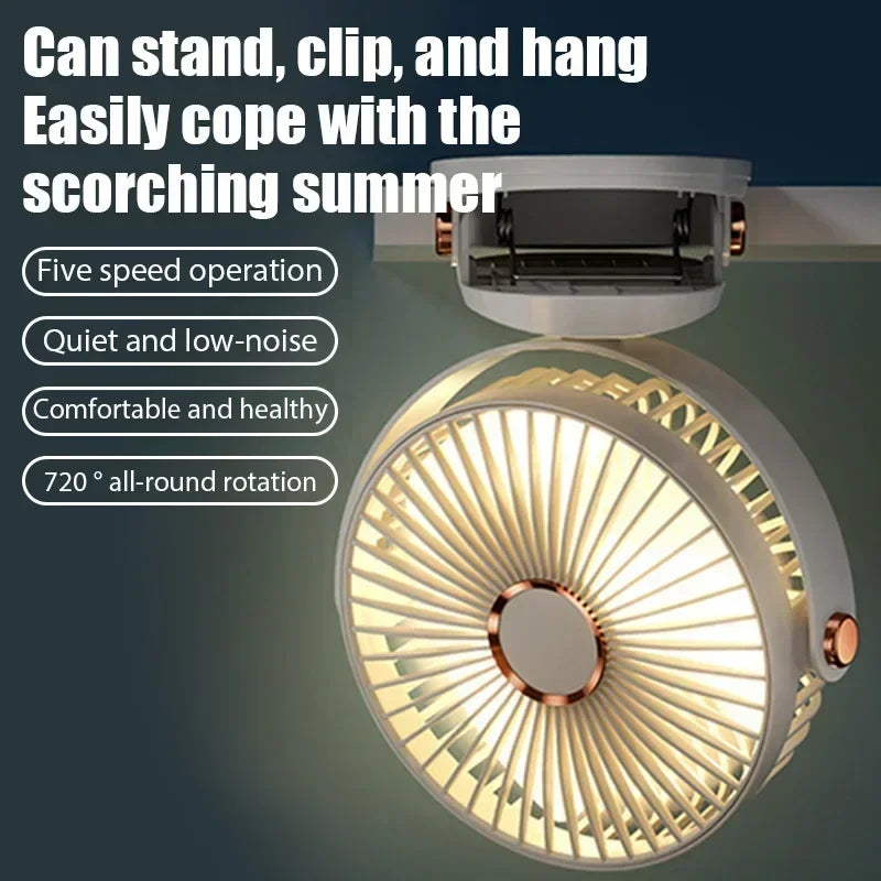 Car Clip-on Fan 5 Speed Quiet Rechargeable Desktop Portable Air Circulator Wireless Fan with LED Light for Office Amagi