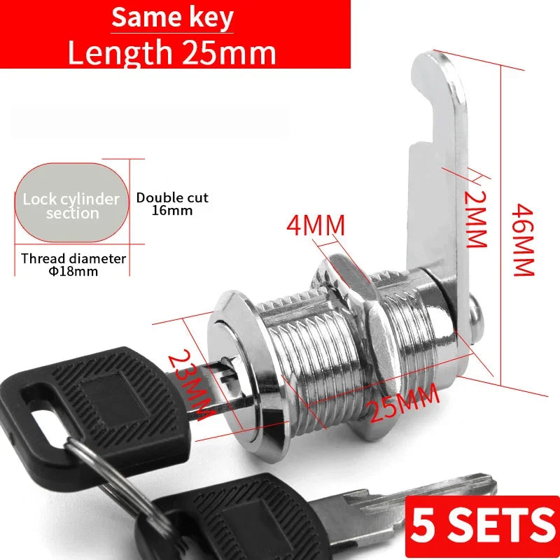 Cabinet Cam Lock Set, 5 Pack Two-Sided Keyed Alike 16MM-30MM Cylinder Cam Locks Secure Mailbox File Drawer Compartment Lock