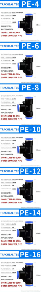50/200 PCS PE Pneumatic Fittings 4/6/8/10/12/14/16mm Quick Connect Slip Lock Tee, 3-Way Plastic Air Water Hose Tube Connector