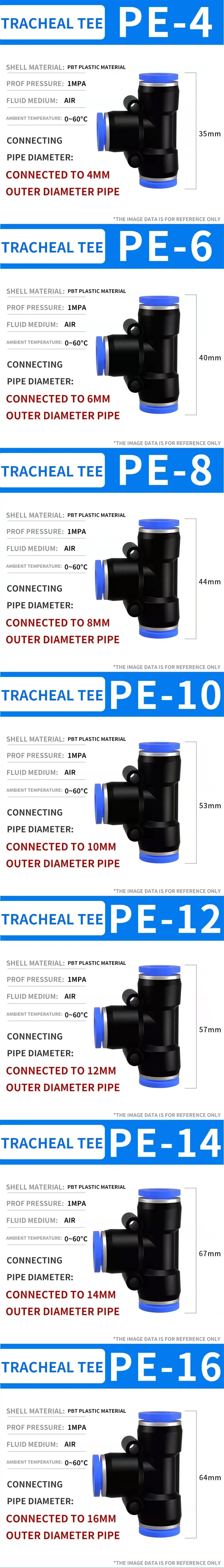 50/200 PCS PE Pneumatic Fittings 4/6/8/10/12/14/16mm Quick Connect Slip Lock Tee, 3-Way Plastic Air Water Hose Tube Connector