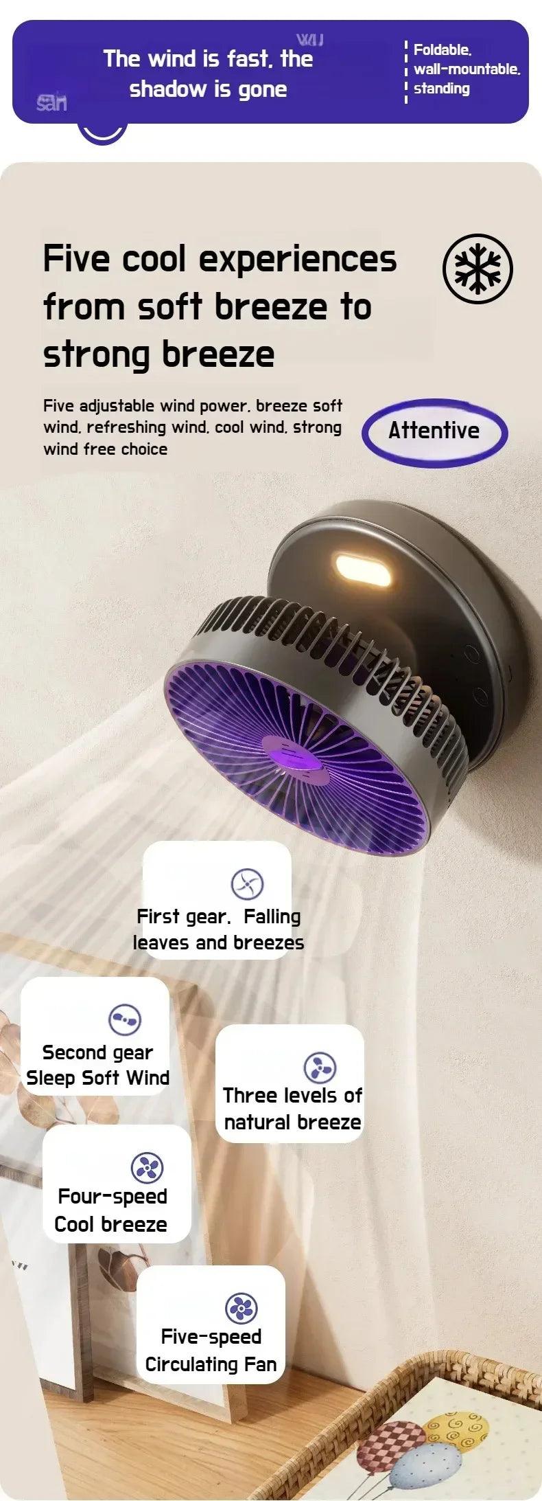 Foldable Desktop Fan Mini Wall-Mounted Car With Warm Night Light Rechargeable 4 Gears Adjustable Portable Air Circulation Amagi