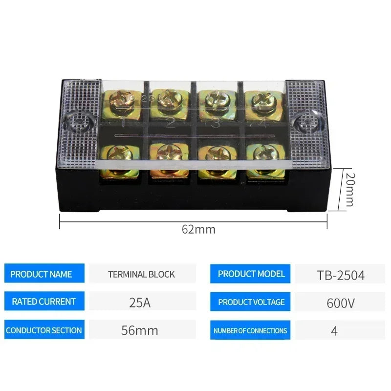 15A/25A/45A 600V Dual Row Barrier Terminal Block TB Series (3-12 Positions) Screw Connector for Electrical Panels TB1503 TB2512