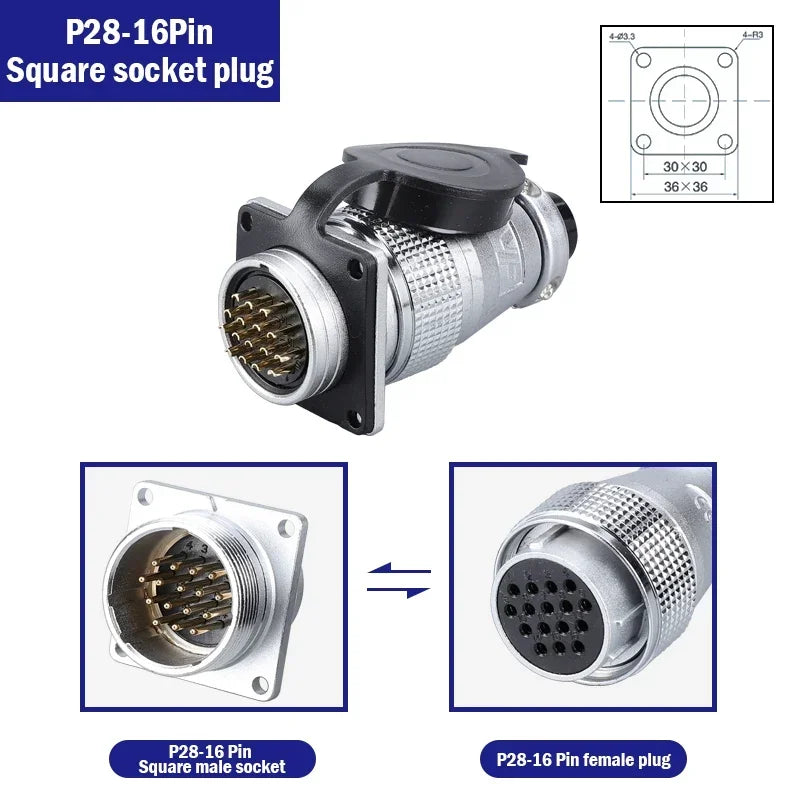 P28 Aviation Connector, Square Flange Socket, Male/Female Circular Butt Joint, 2/3/4/5/7/10/12/14/16/19/20/24 Pin, P28K2Q PLS28