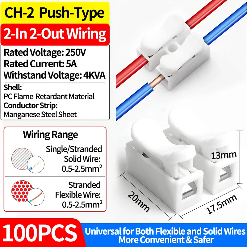 100PCS CH2 CH3 Quick Push Wire Connector, 2Pin 3Pin Spring Loaded Terminal Block,Flame Retardant Electrical Connector for Wiring