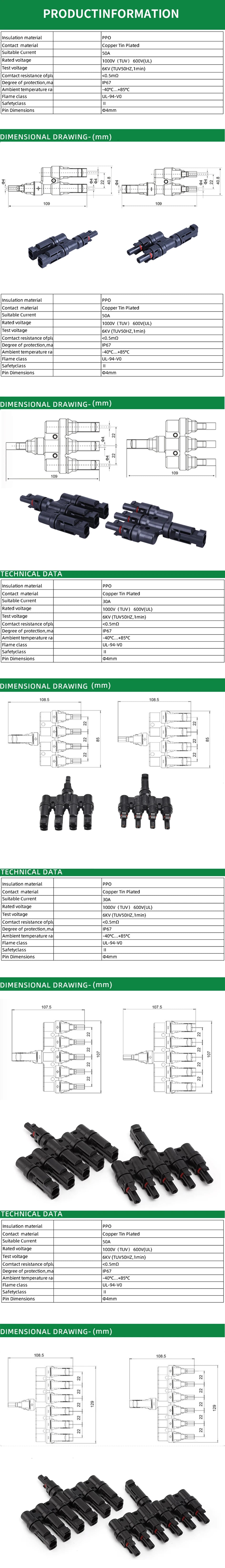1/5/20/100 Sets PV T Branch Photovoltaic Solar Connector 1000V 30A Male Female 1 To 2/3/4/5/6 PV Plug 2/3/4/5/6IN 1OUT Adapter