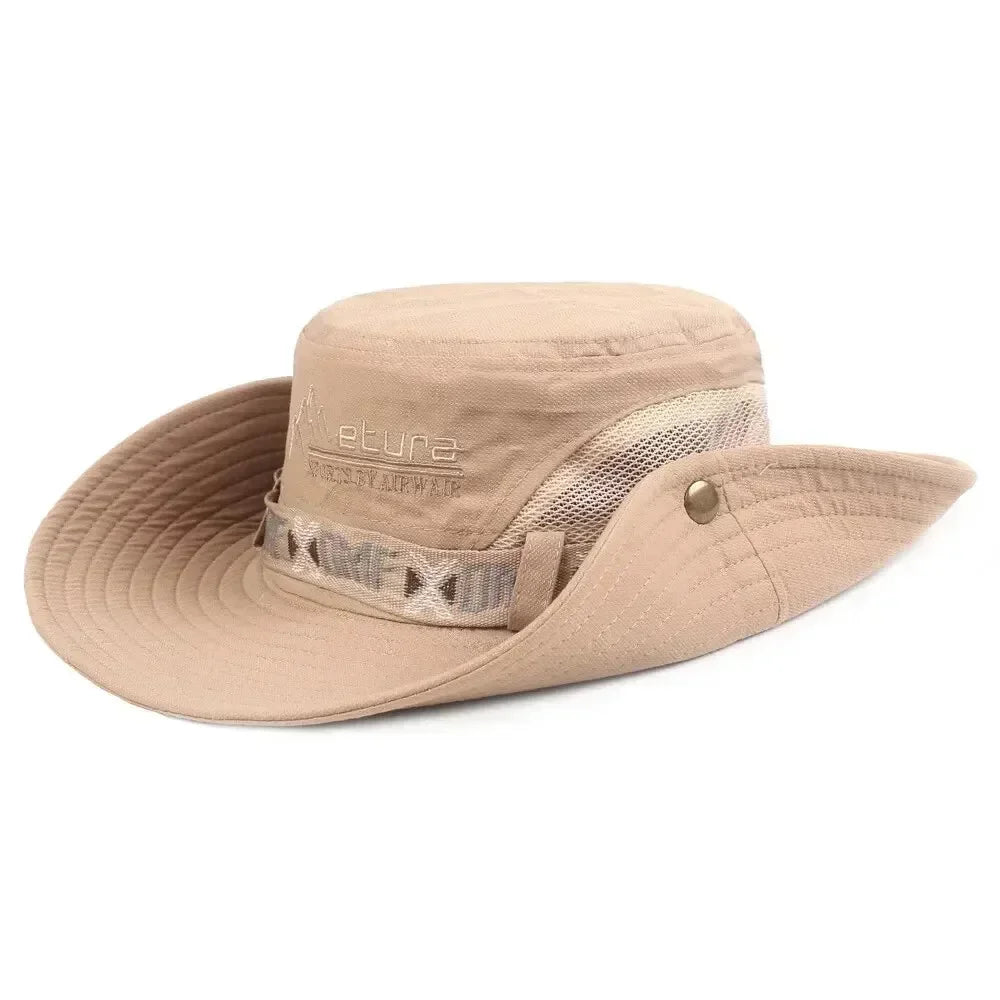 Summer Men Outdoor UV Protection Wide Brim Hiking Hat Mesh Fisherman Hat Beach Sunscreen Cap Summer Bucket Hats Men Amagi