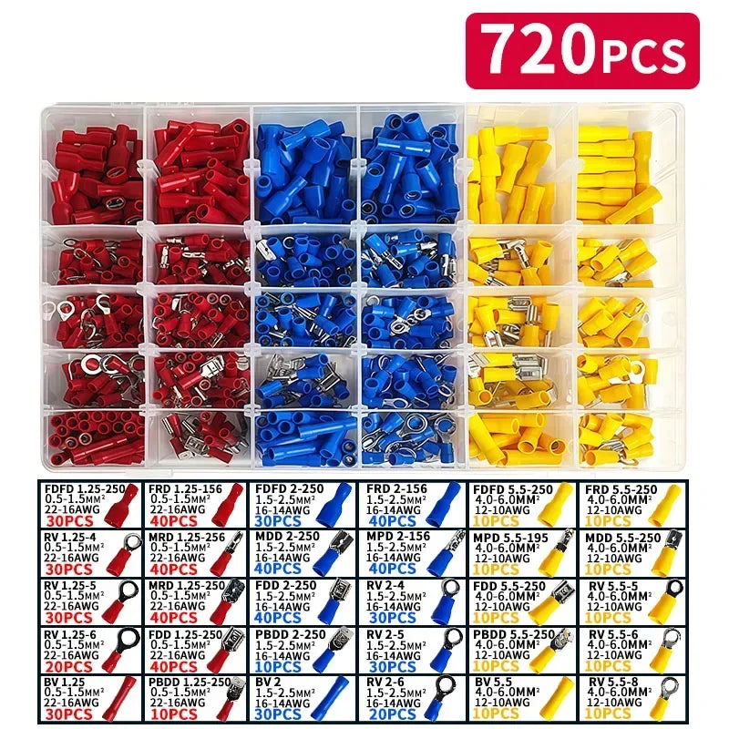 280/480/720/1200pcs Cold Pressed Terminal Kit - Insulated Quick Connect Spade/Ring/Fork Crimp Connectors for Automotive Wiring