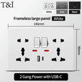 Universal Wall Socket with USB-C and USB Charger, 2 Gang Power Outlet with Switches, Flush Mount AC 110–250V for Home Office Use