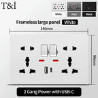 Universal Wall Socket with USB-C and USB Charger, 2 Gang Power Outlet with Switches, Flush Mount AC 110–250V for Home Office Use