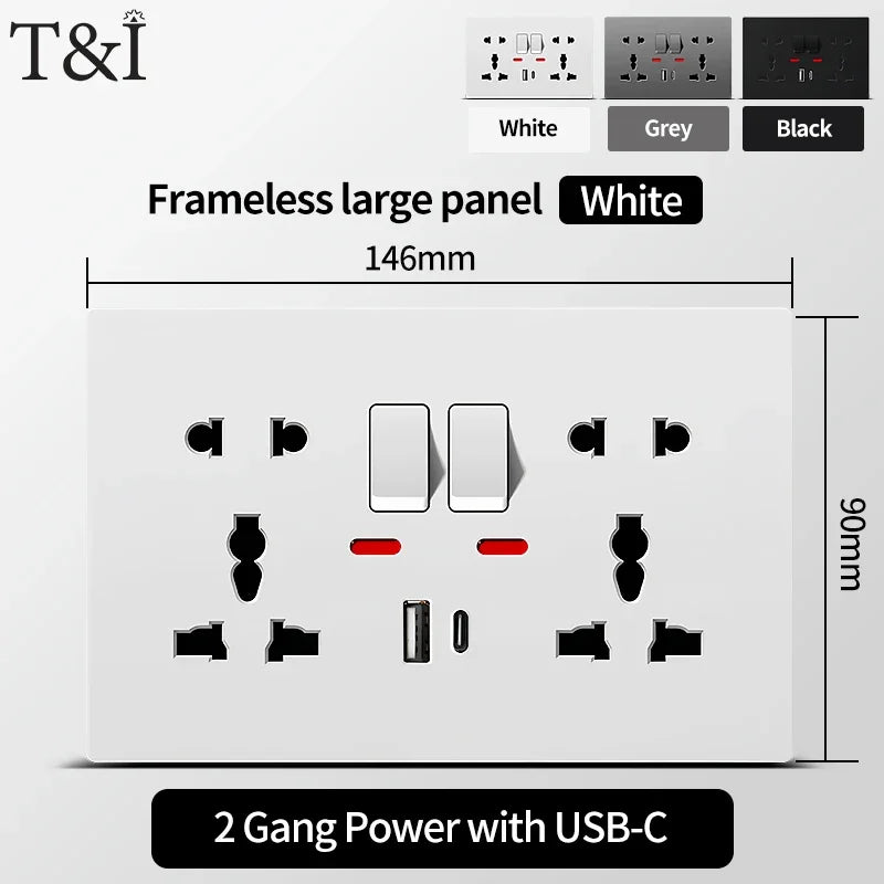 Universal Wall Socket with USB-C and USB Charger, 2 Gang Power Outlet with Switches, Flush Mount AC 110–250V for Home Office Use