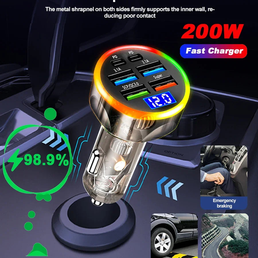 200W Car Charger 6 Ports Fast Charging with Digital Display PD QC3.0 USB C Quick Charging Adapter for IPhone Samsung Xiaomi Amag