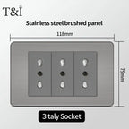 Stainless Steel Wall Socket 118x75mm Italian-Style with USB-C & Schuko Chilean Plug - Brushed Finish for Home/Office