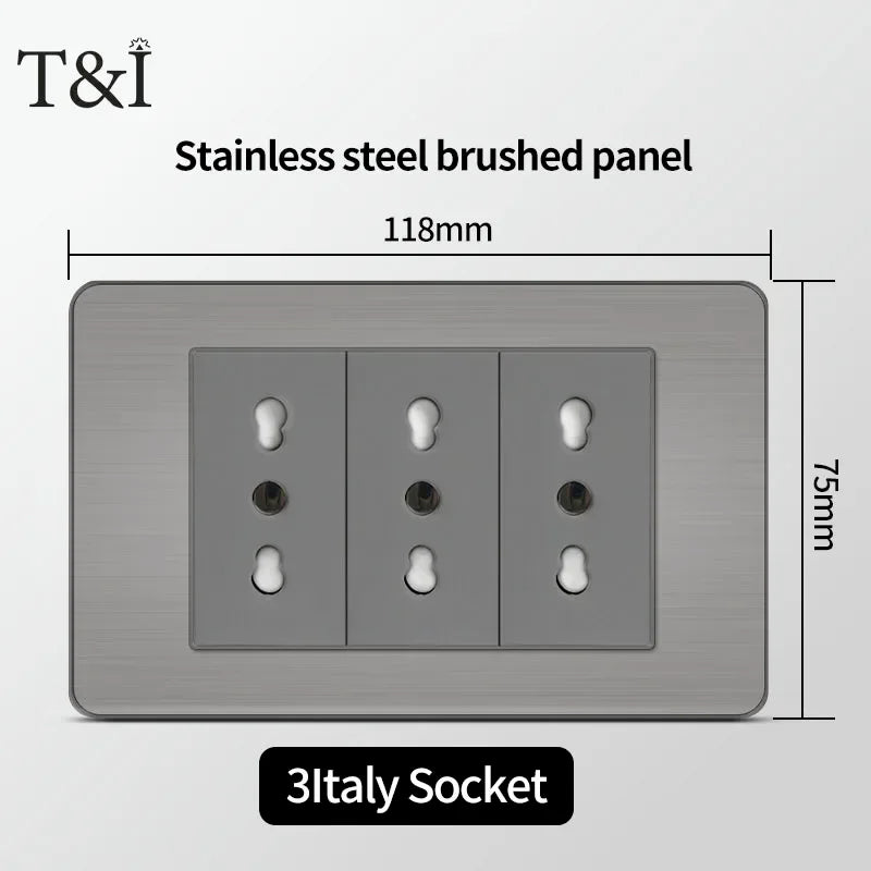 Stainless Steel Wall Socket 118x75mm Italian-Style with USB-C & Schuko Chilean Plug - Brushed Finish for Home/Office