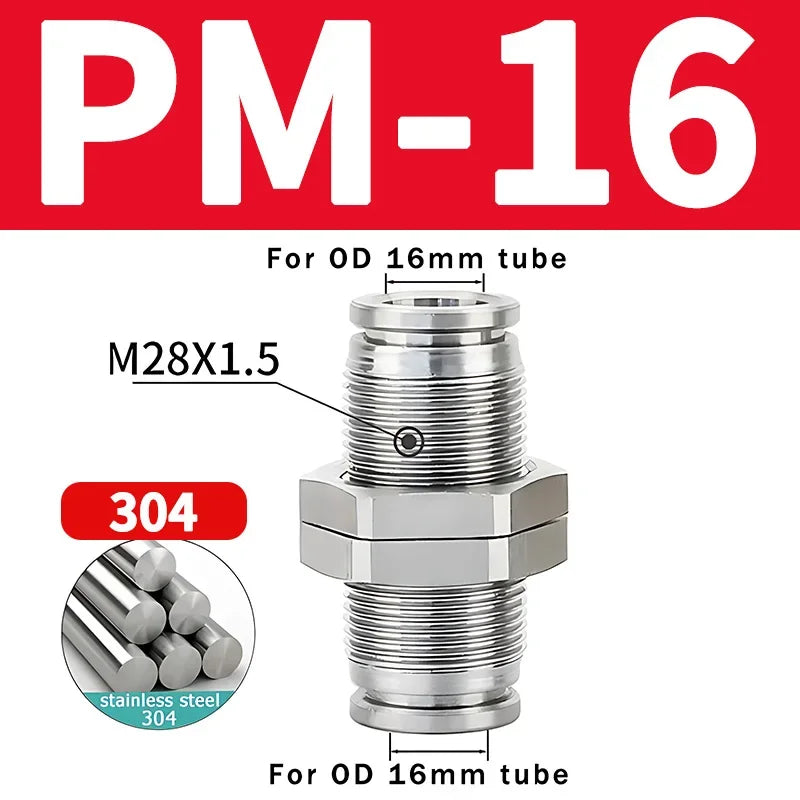 PM Type 304 Stainless Steel Bulkhead Pneumatic Connector, Push-In Hose Fitting 4mm–16mm for Air, Gas and Fluid Pipe Connection