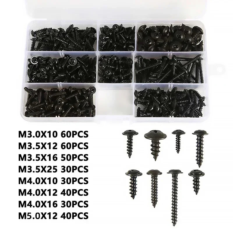 340PCS PWA Cross Self-Tapping Black Screw M3 M3.5 M4 M4.8 Carbon Steel Round Pan Head Tapping Screw with Washer Assortment Kit