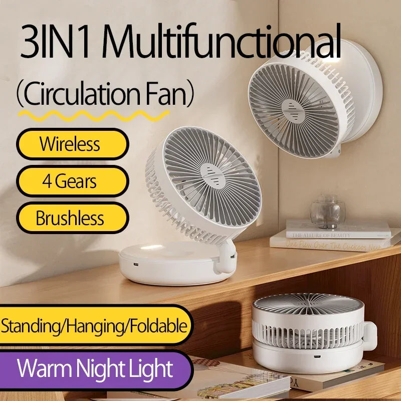 Foldable Desktop Fan Mini Wall-Mounted Car With Warm Night Light Rechargeable 4 Gears Adjustable Portable Air Circulation Amagi