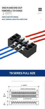 15A/25A/45A 600V Dual Row Barrier Terminal Block TB Series (3-12 Positions) Screw Connector for Electrical Panels TB1503 TB2512