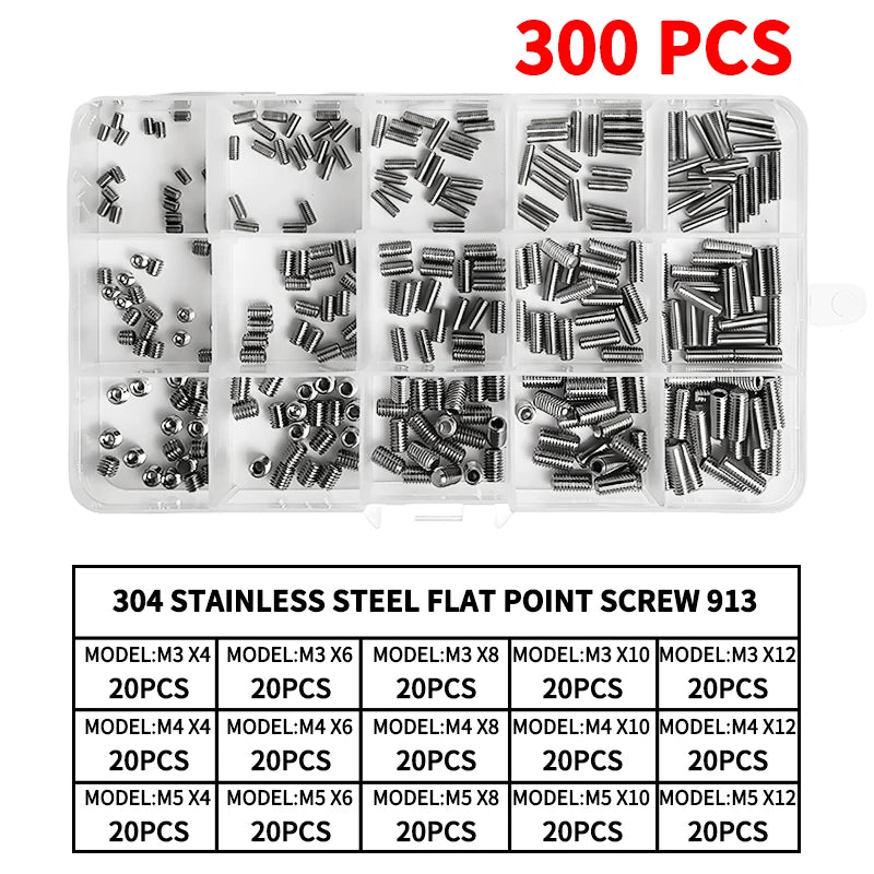M3 - M10 Sizes DIN913 Hex Socket Allen Flat Point Grub Bolt Assortment - Black Steel & 304 Stainless Steel Mix