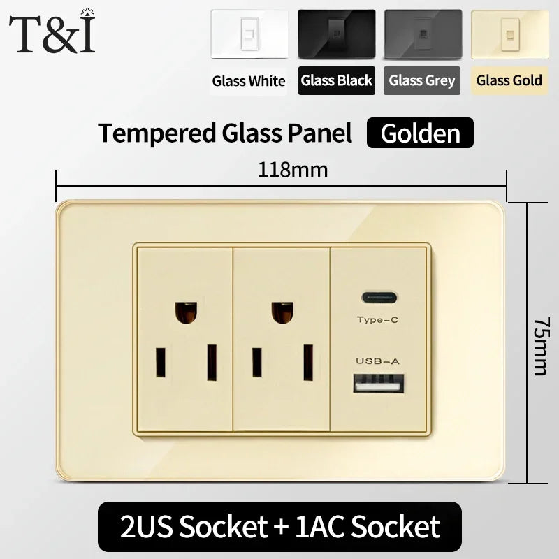 118 Series Glass Panel Wall Switch Socket, US Mexico Standard, USB and Type-C Charging Ports, 1/2/3/4 Gang Options