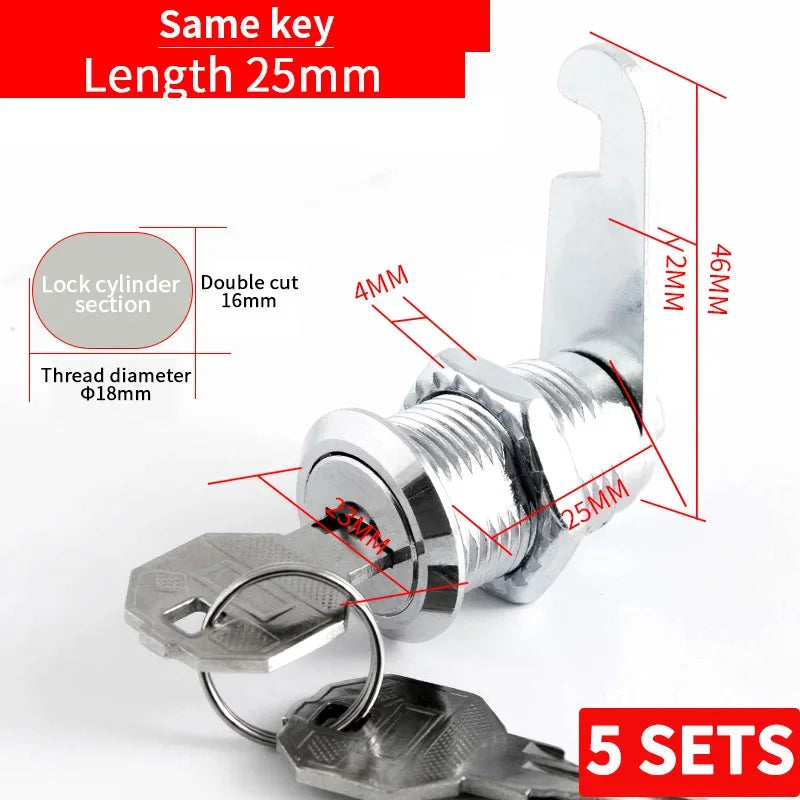 Cabinet Cam Lock Set, 5 Pack Two-Sided Keyed Alike 16MM-30MM Cylinder Cam Locks Secure Mailbox File Drawer Compartment Lock