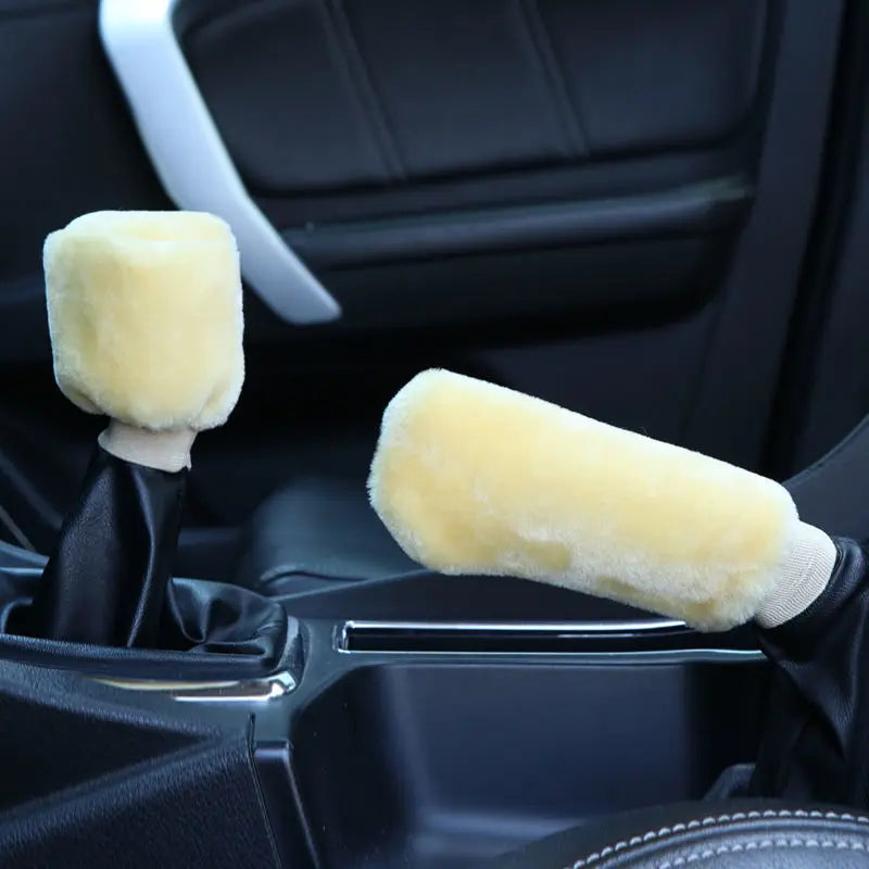 2Pcs Car Handbrake Grip Covers Gear Shift Knob Cover Handle Plush Sleeve Winter Soft Warm Hand Brake Interior Gear Shift Collars