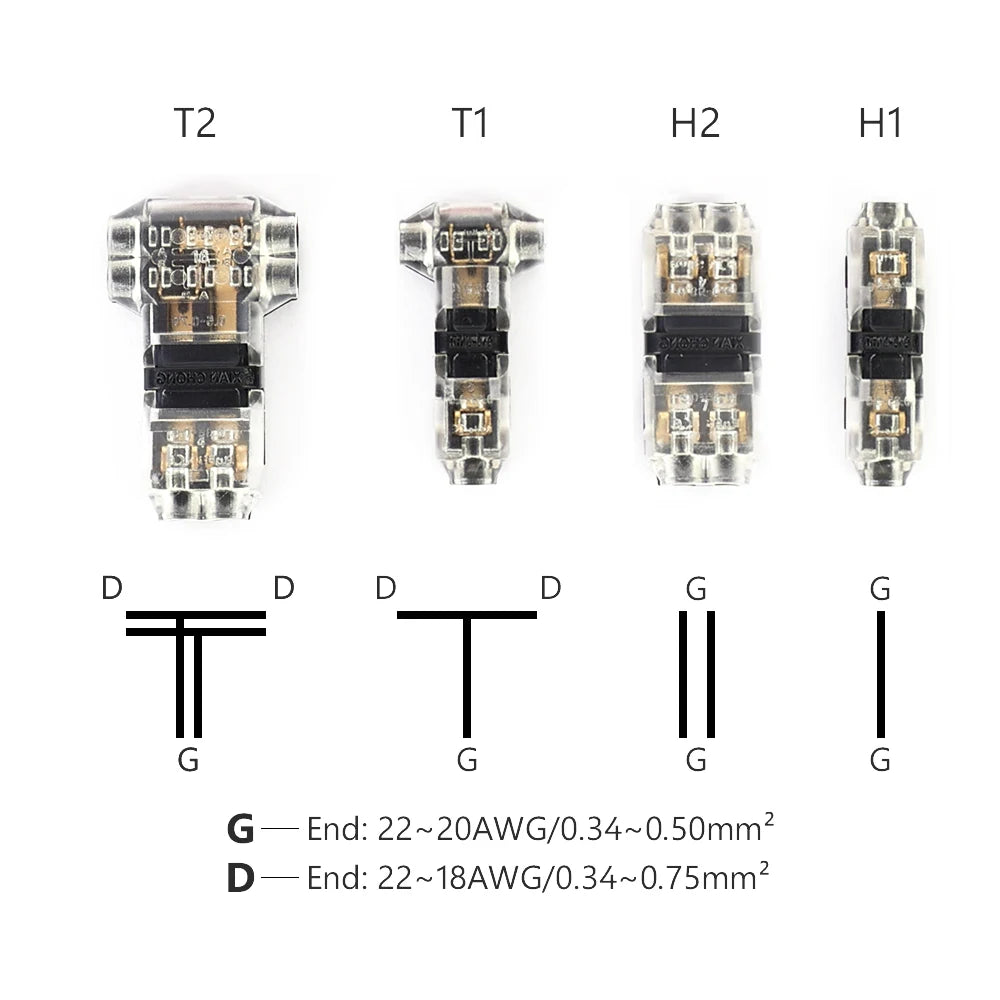 T-Tap Wire Connectors – I & T Type 2-Pin Splice Connector 12V 24V DC 300V AC 18-22AWG