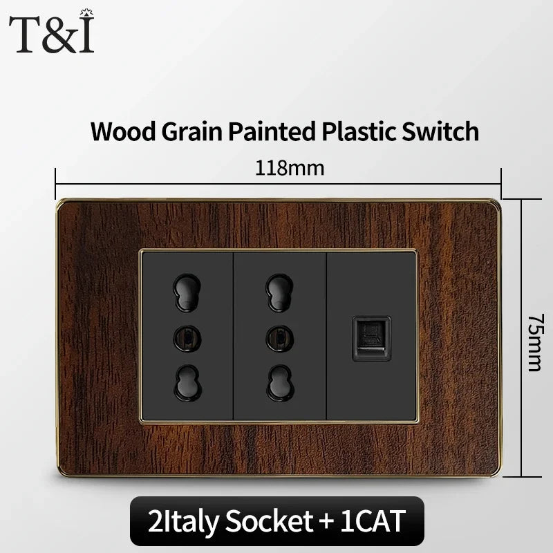 118-Type Retro Wood Grain Wall Plate – Black Plastic Spray-Painted Decorative Panel for Italy Standard Switch & Socket