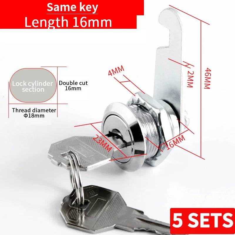 Cabinet Cam Lock Set, 5 Pack Two-Sided Keyed Alike 16MM-30MM Cylinder Cam Locks Secure Mailbox File Drawer Compartment Lock