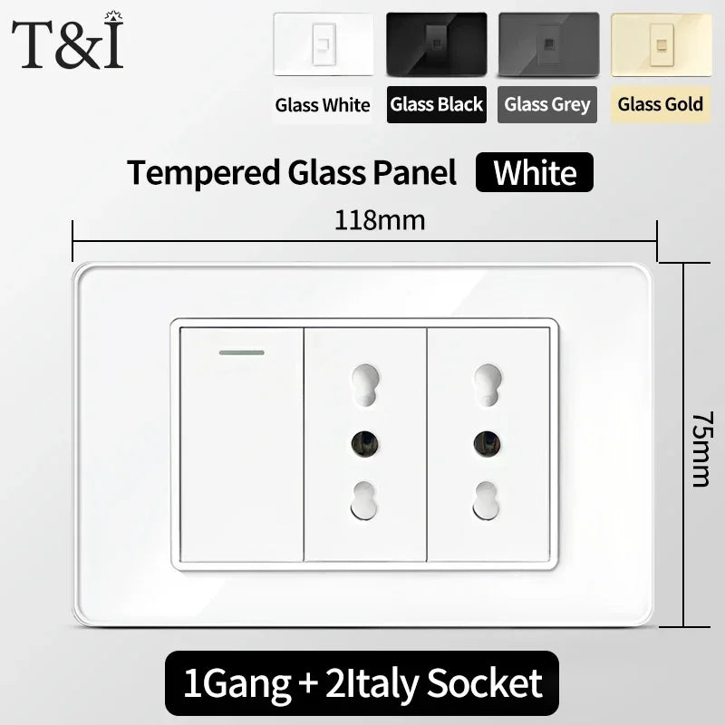 118x75mm Type-C Fast Charging Wall Socket Italy & Chile Schuko Outlet - Tempered Glass Panel Modern Design -Type Switch
