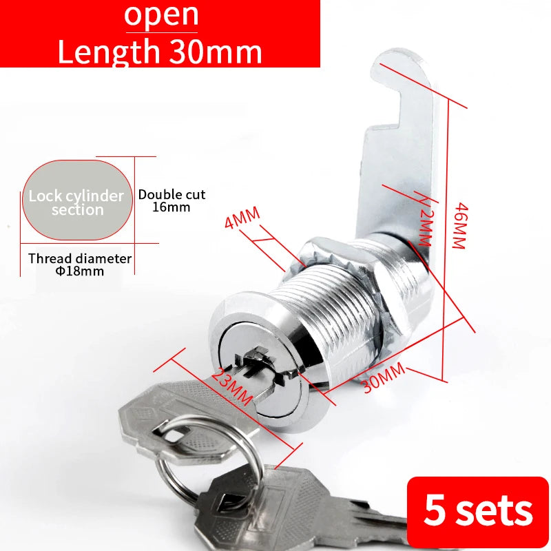 Cabinet Cam Lock Set, 5 Pack Two-Sided Keyed Alike 16MM-30MM Cylinder Cam Locks Secure Mailbox File Drawer Compartment Lock