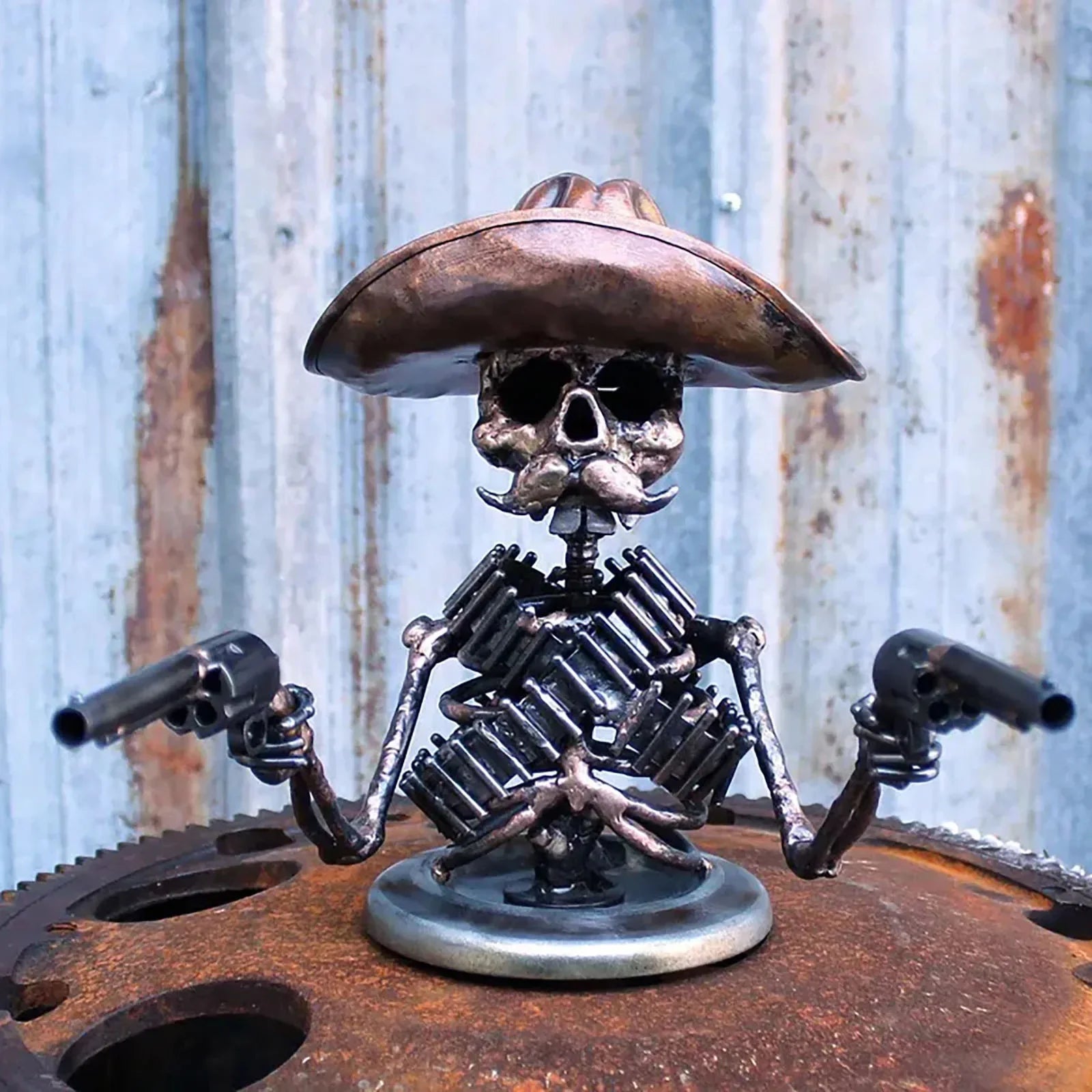 Cowboy Skull Gunslinger Hood Ornament Sculpture Rod 3D Metal Automotive Emblems Cowboy Skeleton Statue Decor For Board Amagi