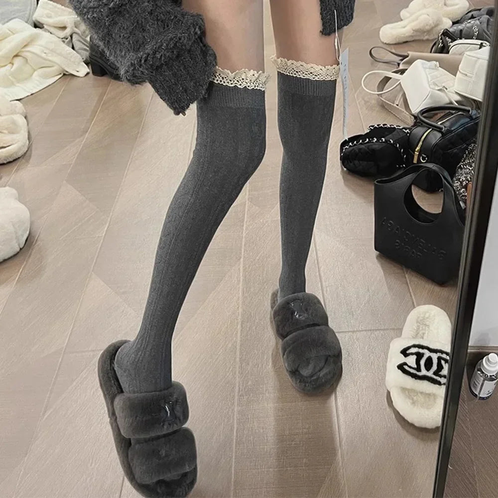 Sweet Lace Thigh High Socks Japanese Style Knitted Long Socks JK Lolita Black White Stockings Women Girls Amagi