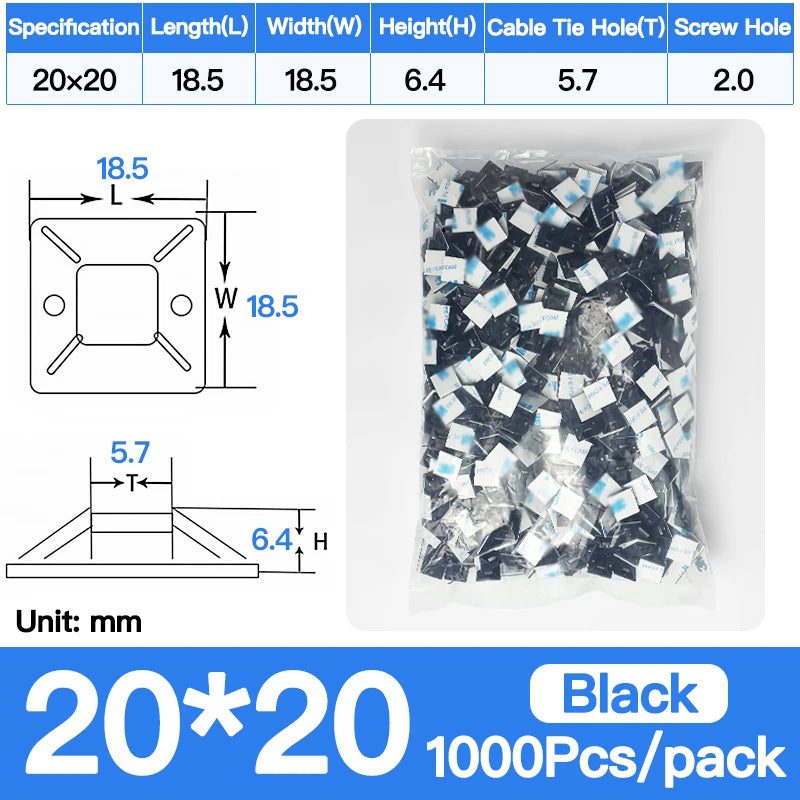 250/500/1000PCS Self-Adhesive Cable Tie Mounts, Strong Sticky Base Wire Holder Clips for Wall Fixing, Cable Routing Management