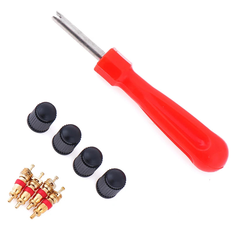 1 Set Tire Valve Service Kit 4 Valve Cores 4 Valve Caps 1 Valve Stem Screwdriver Tire Repair Tool for Car Motorcycle Bus Truck