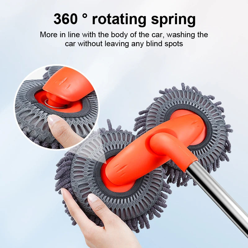 Double Brush Head Rotating Car Wash Mop Three-Section Telescopic Mop Roof Window Cleaning Maintenance Auto Supplies Accessories