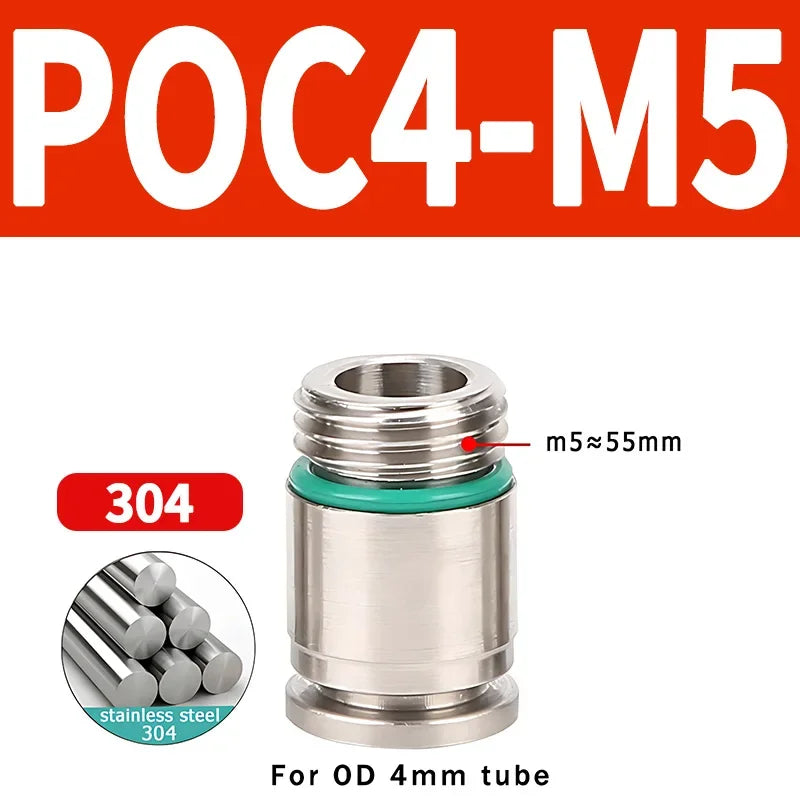 304 Stainless Steel Pneumatic Push-In Fitting POC-G, Internal Hex Quick Connector for Air and Gas Pipe Systems