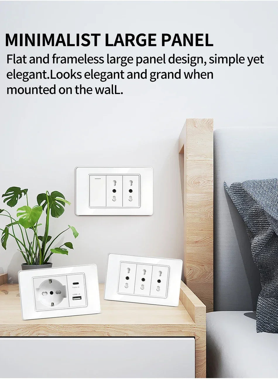 T&I Wall Switch Sockets with USB-C Fast Charging - Italy Socket, Chile Schuko Outlet & Tempered Glass Panel for Home Use