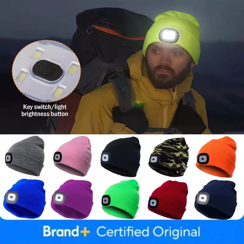 Winter Men Beanie Hat with LED Light Rechargeable Knitted Hat for Woman Cap Night Running Fishing Riding Sports Teenager Beanies
