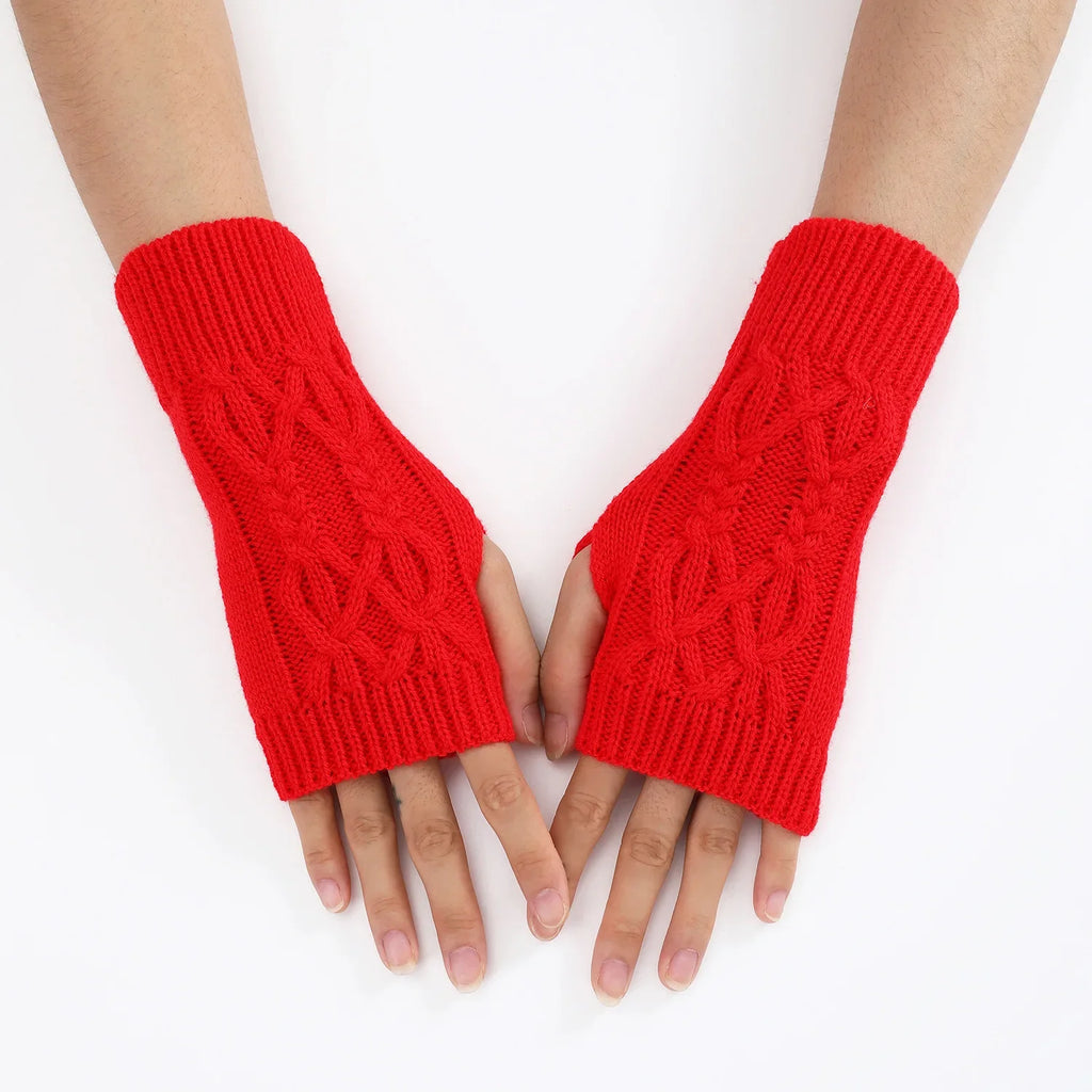 Men Women Stretch Acrylic Knit Stripe Fingerless Mitten Student Couple Winter Warm Twist Flower Half Finger Solid Glove Amagi