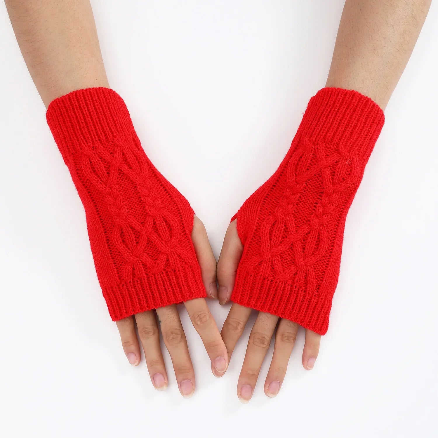 Men Women Stretch Acrylic Knit Stripe Fingerless Mitten Student Couple Winter Warm Twist Flower Half Finger Solid Glove Amagi