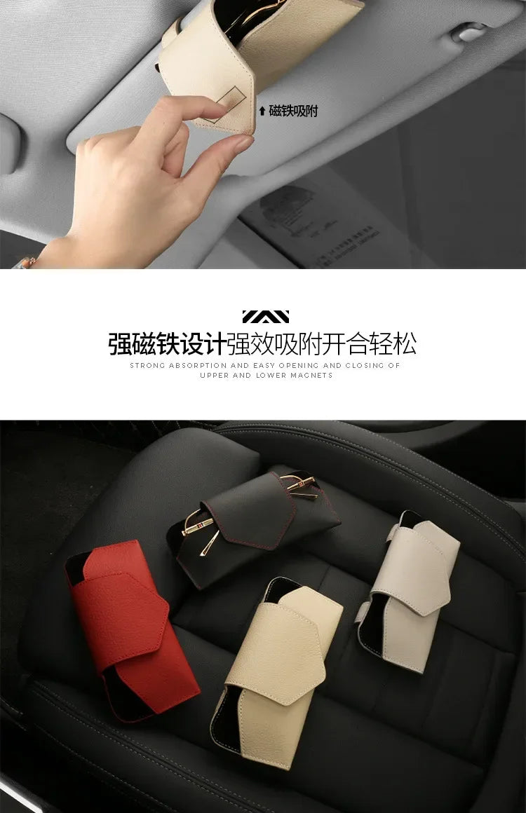 Car PU Leather Glasses Clip, Multi-Functional Sun Visor Holder, Sunglasses Box Storage Bag Clip, Car Interior Accessories Amagi