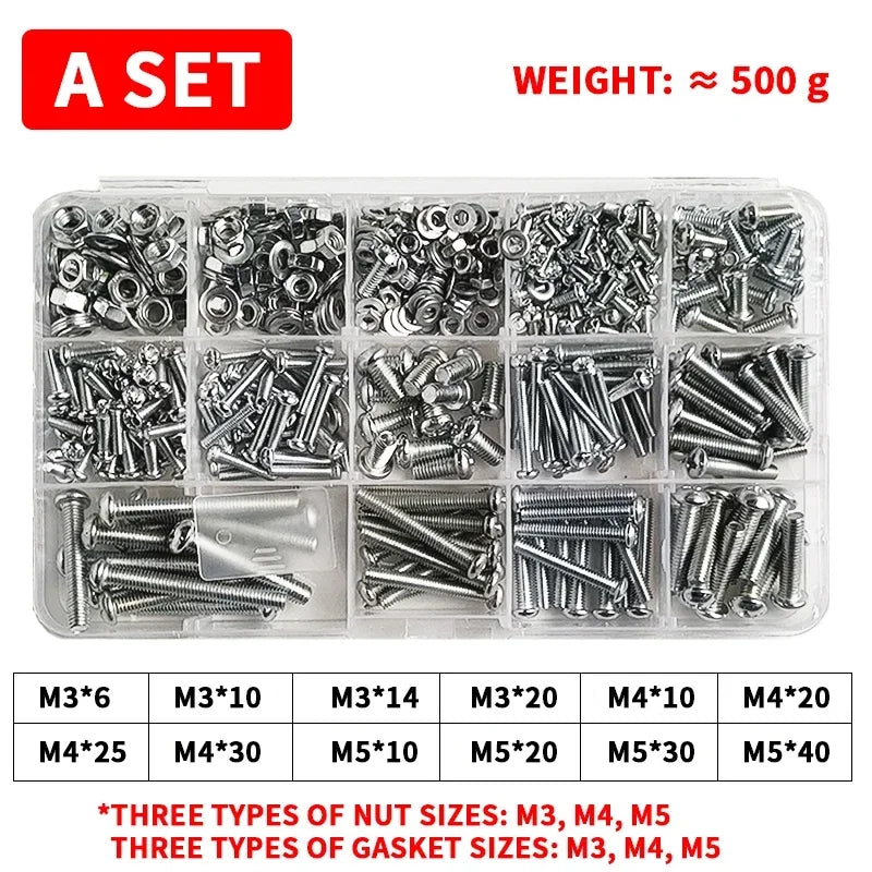 M3-M6 Phillips Pan Head Self-Tapping Screw Assortment Kit with Nuts & Washers - Stainless Steel Fastener Set for DIY/Machinery