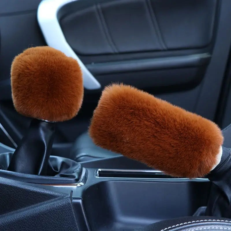 2Pcs Car Handbrake Grip Covers Gear Shift Knob Cover Handle Plush Sleeve Winter Soft Warm Hand Brake Interior Gear Shift Collars